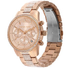 Close-up view of Michael Kors MK6485 rose gold chronograph dial with date display