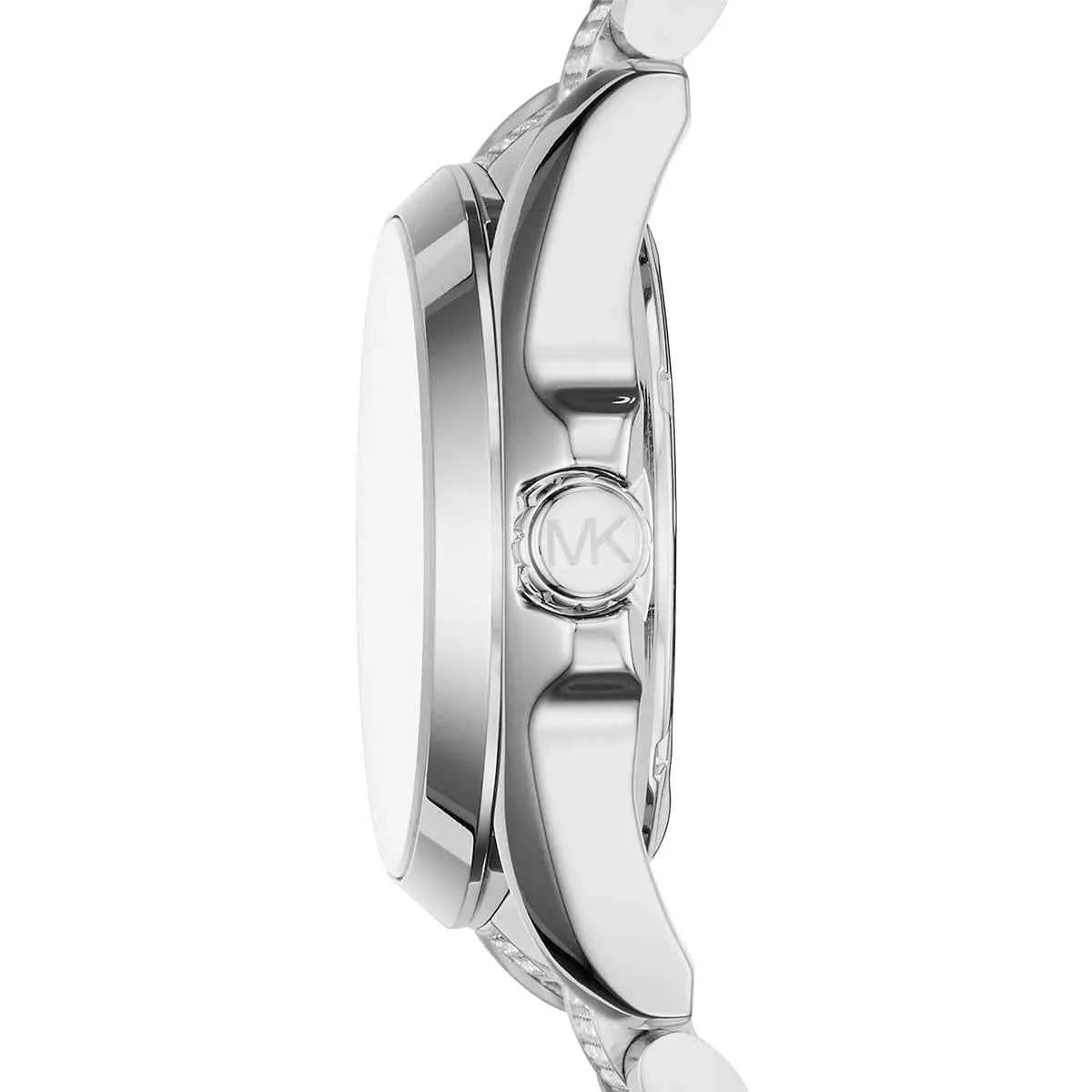 Side view of Michael Kors Bradshaw MK6486 silver stainless steel bracelet watch
