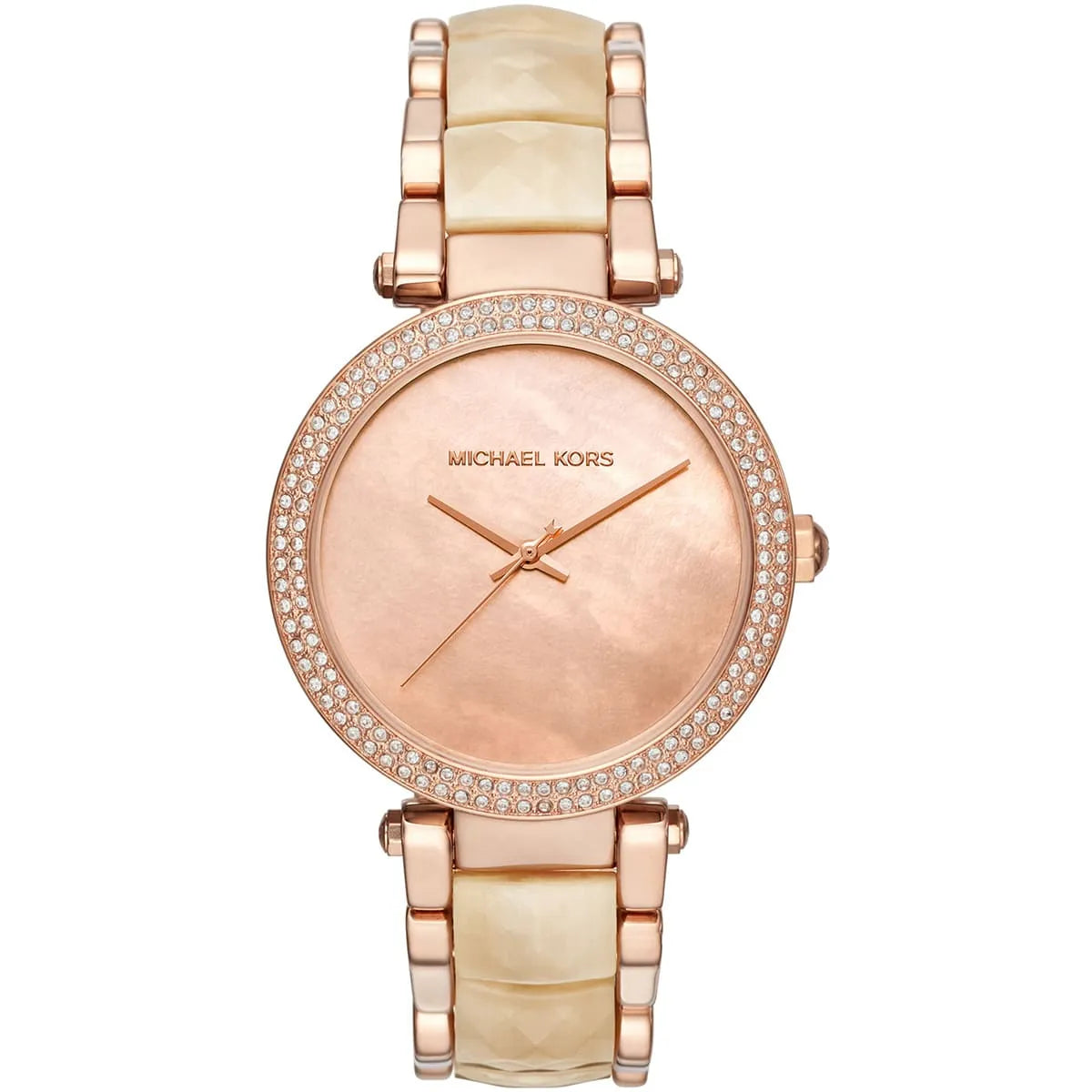 Front view of Michael Kors Parker MK6492 women's rose gold and beige watch