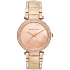 Front view of Michael Kors Parker MK6492 women's rose gold and beige watch