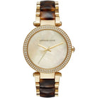 Front view of Michael Kors Parker MK6518 women's gold and brown watch