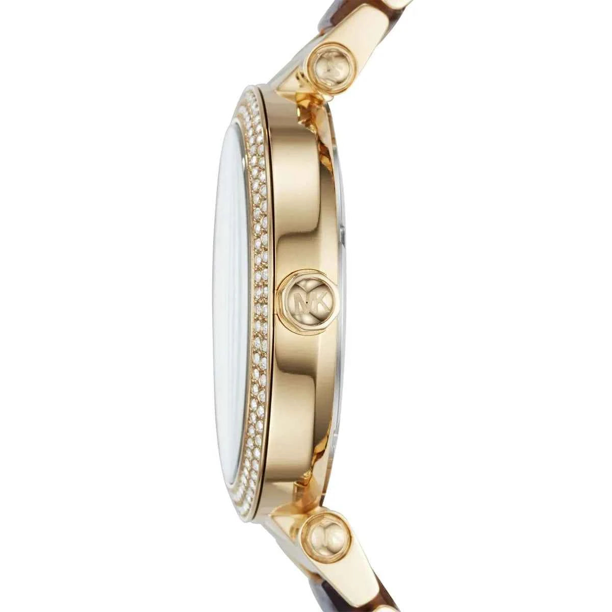 Side view of Michael Kors Parker MK6518 gold and brown multi-material strap watch