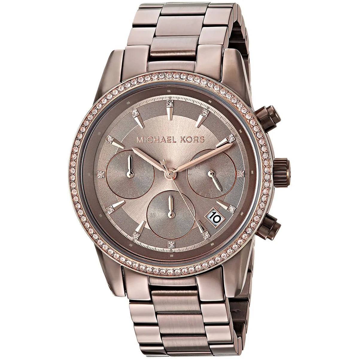 Close-up view of Michael Kors MK6529 brown chronograph dial with date display