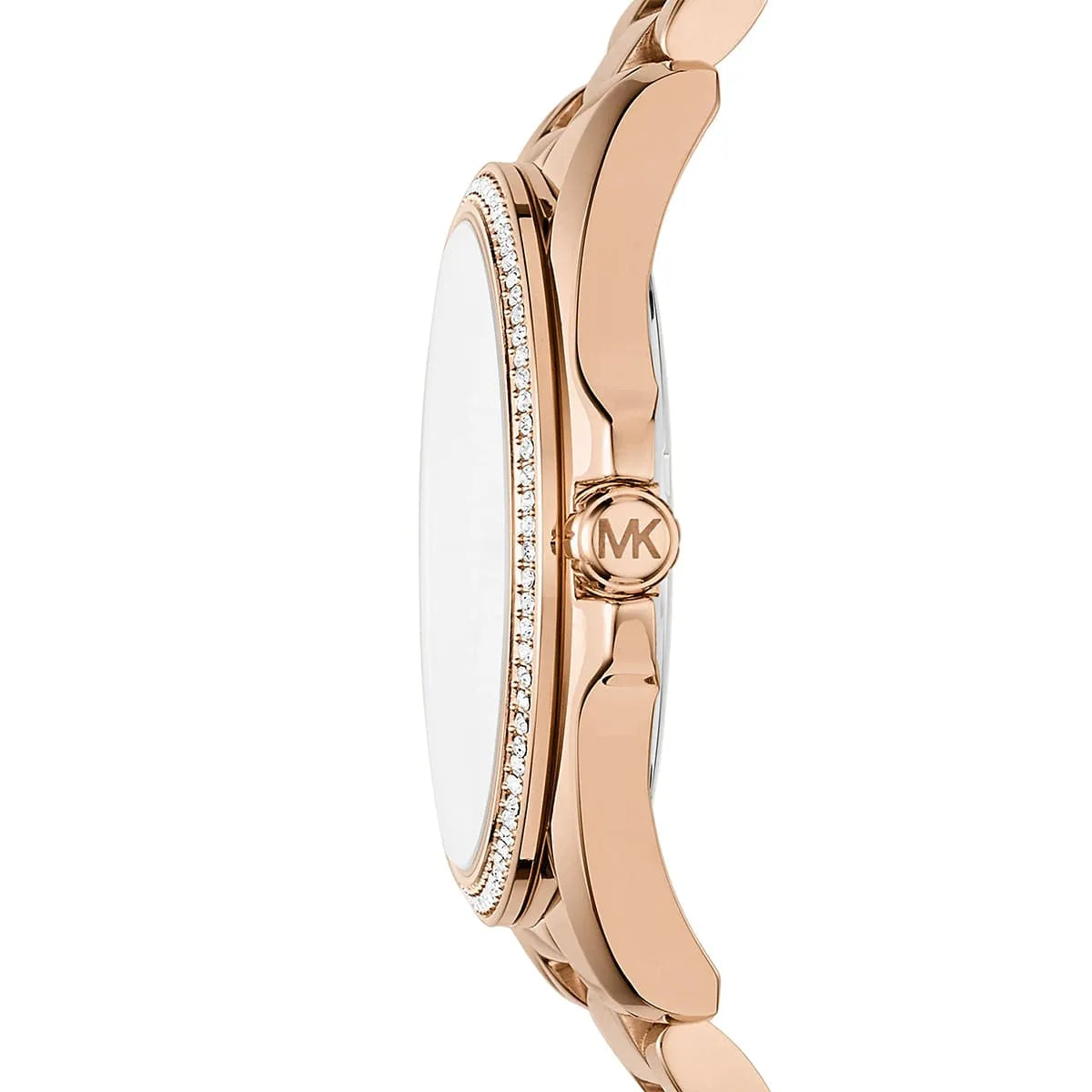 Side view of Michael Kors Bradshaw MK6556 rose gold stainless steel bracelet watch