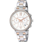 Close-up view of Michael Kors MK6558 white chronograph dial with date display