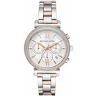 Front view of Michael Kors Sofie MK6558 women's silver and rose gold chronograph watch