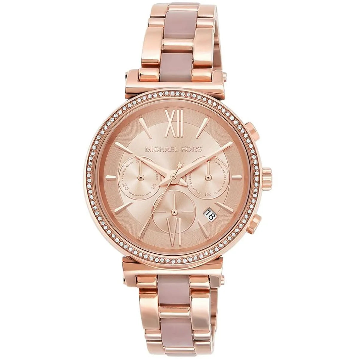 Close-up view of Michael Kors MK6560 rose gold chronograph dial with date display