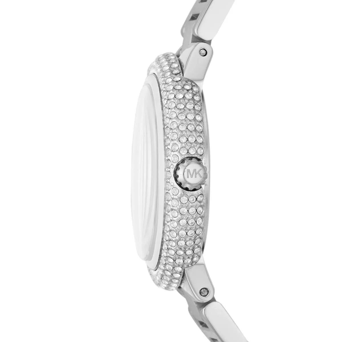Side view of Michael Kors Taryn MK6563 silver stainless steel bracelet watch
