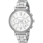 Close-up view of Michael Kors MK6575 silver chronograph dial with date display