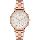 Front view of Michael Kors Sofie MK6576 women's rose gold chronograph watch