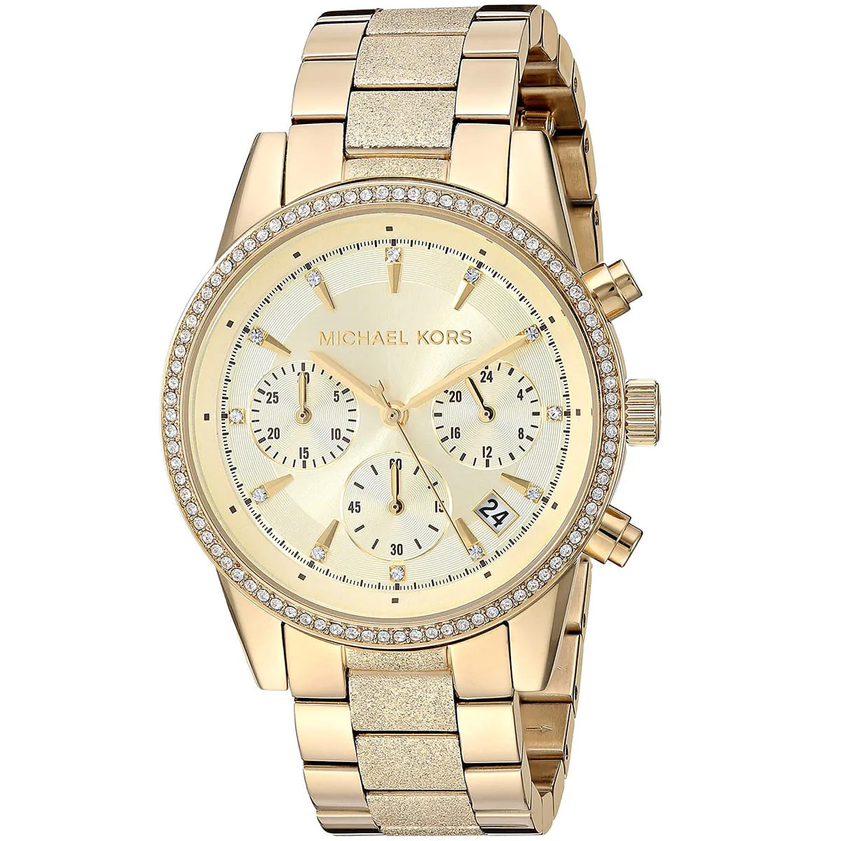 Close-up view of Michael Kors MK6597 gold chronograph dial with date display
