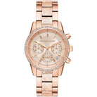 Front view of Michael Kors Ritz MK6598 women's rose gold chronograph watch