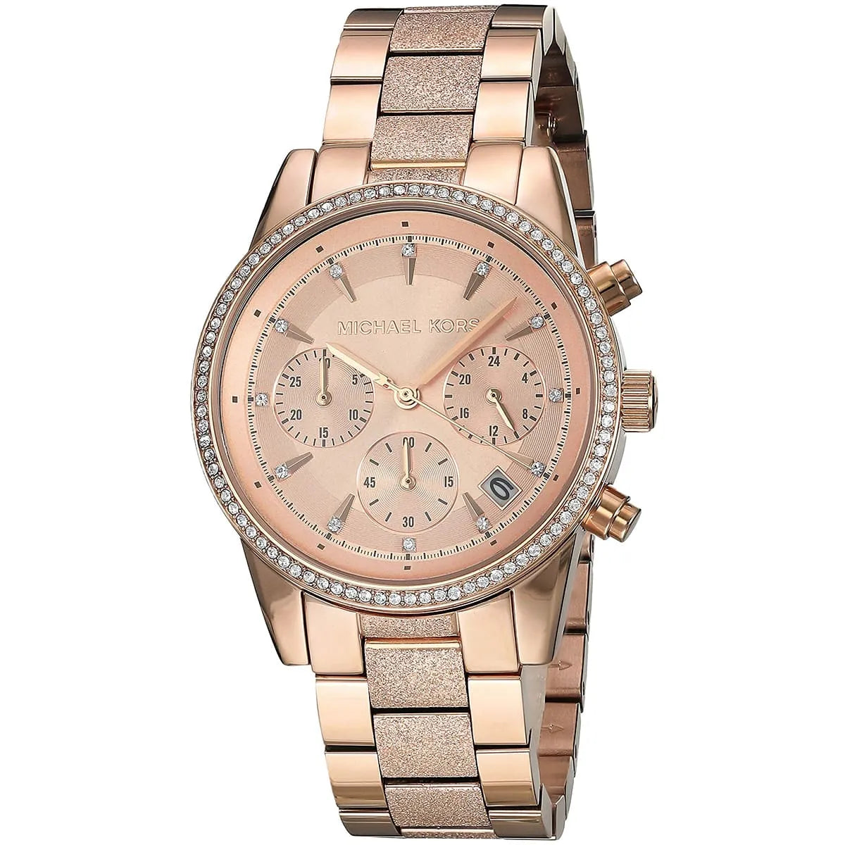 Close-up view of Michael Kors MK6598 rose gold chronograph dial with date display