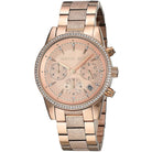 Close-up view of Michael Kors MK6598 rose gold chronograph dial with date display