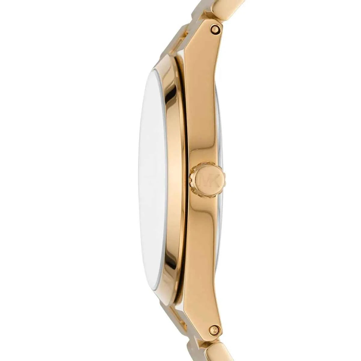 Side view of Michael Kors Channing MK6623 gold stainless steel bracelet watch