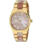 Close-up of Michael Kors MK6650 pink analog dial with pink and gold multi-link bracelet
