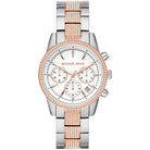 Michael Kors Ritz MK6651 women's silver and rose gold stainless steel chronograph watch front view