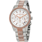 Close-up of Michael Kors MK6651 silver dial with stopwatch and monthly date display