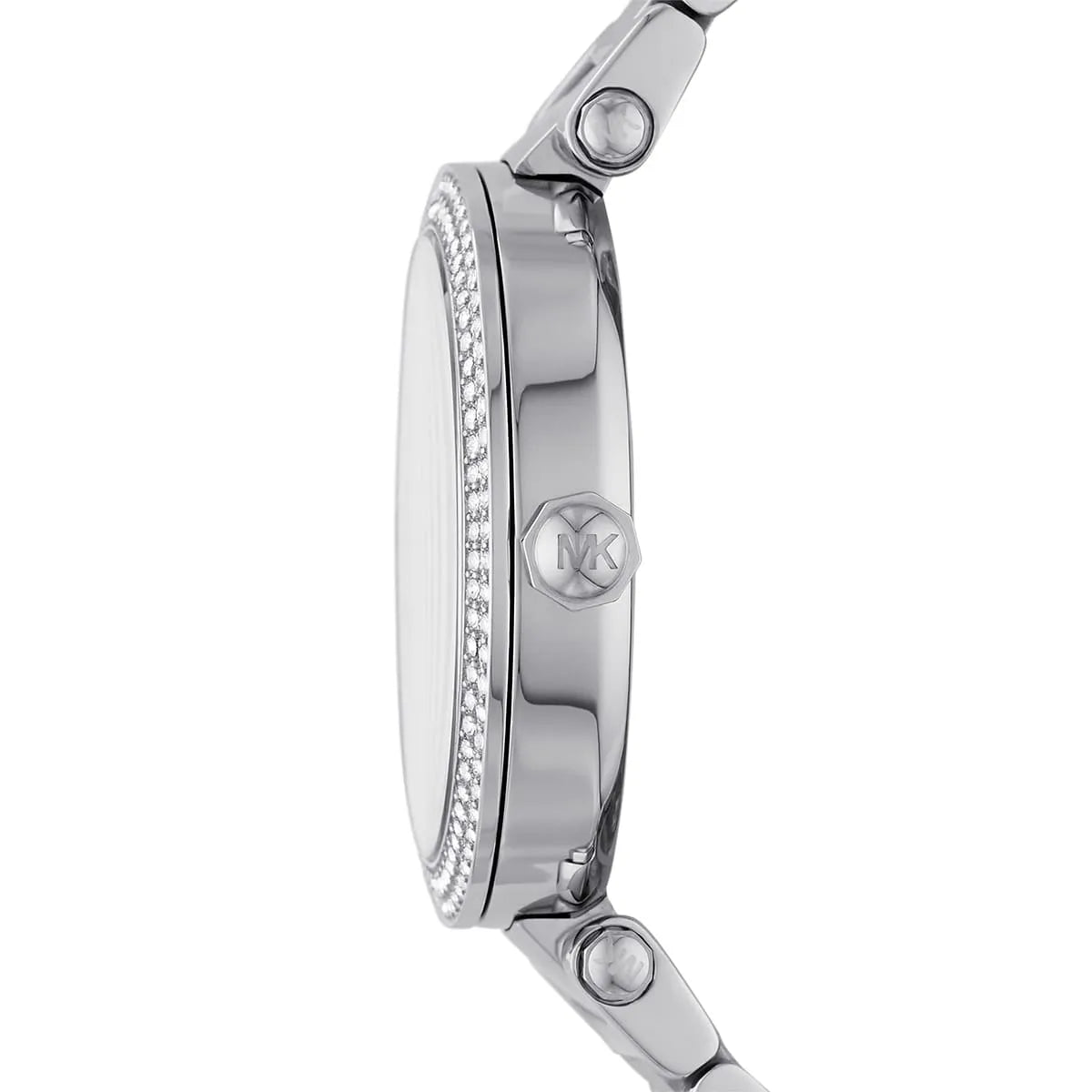 Side profile of Michael Kors Parker MK6658 silver stainless steel bracelet watch