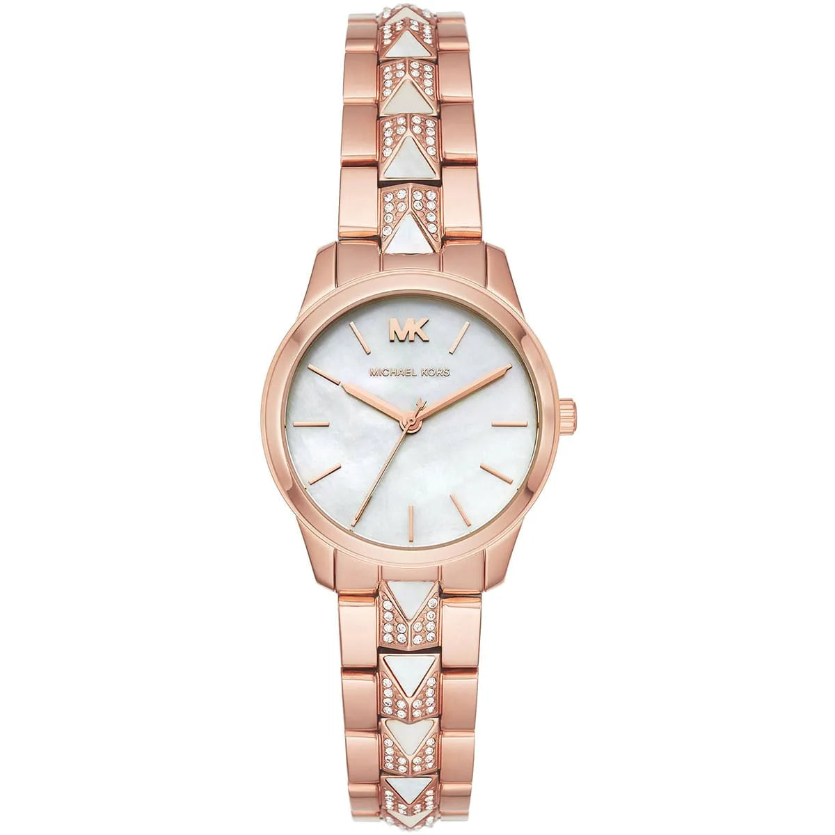 Michael Kors Runway MK6674 women's white and rose gold stainless steel watch front view