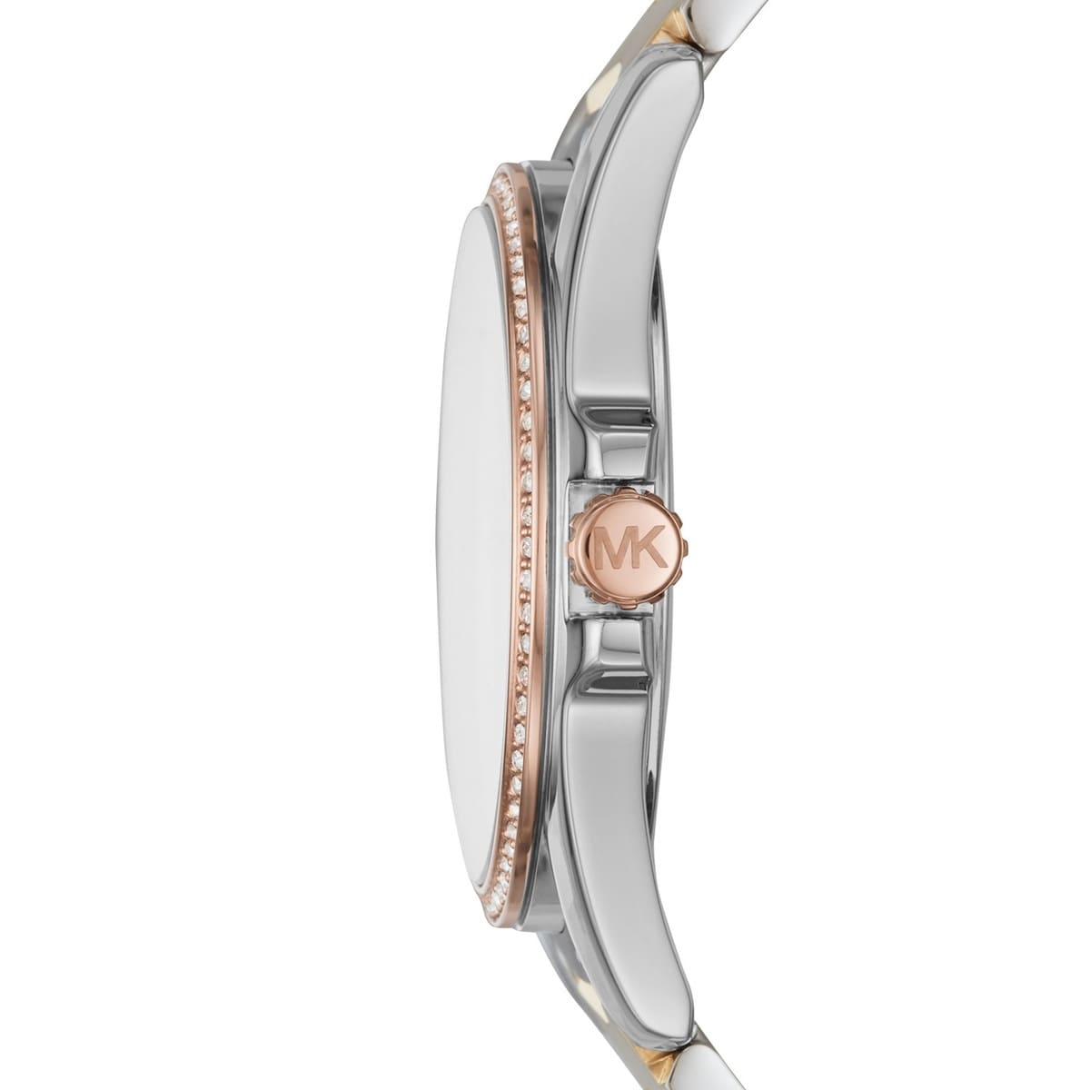 Side profile of Michael Kors Whitney MK6686 silver gold and rose gold bracelet watch