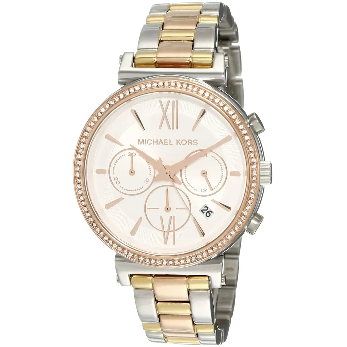 Close-up of Michael Kors MK6688 white dial with stopwatch and monthly date display