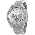 Close-up of Michael Kors MK6728 silver chronograph dial with silver stainless steel bracelet