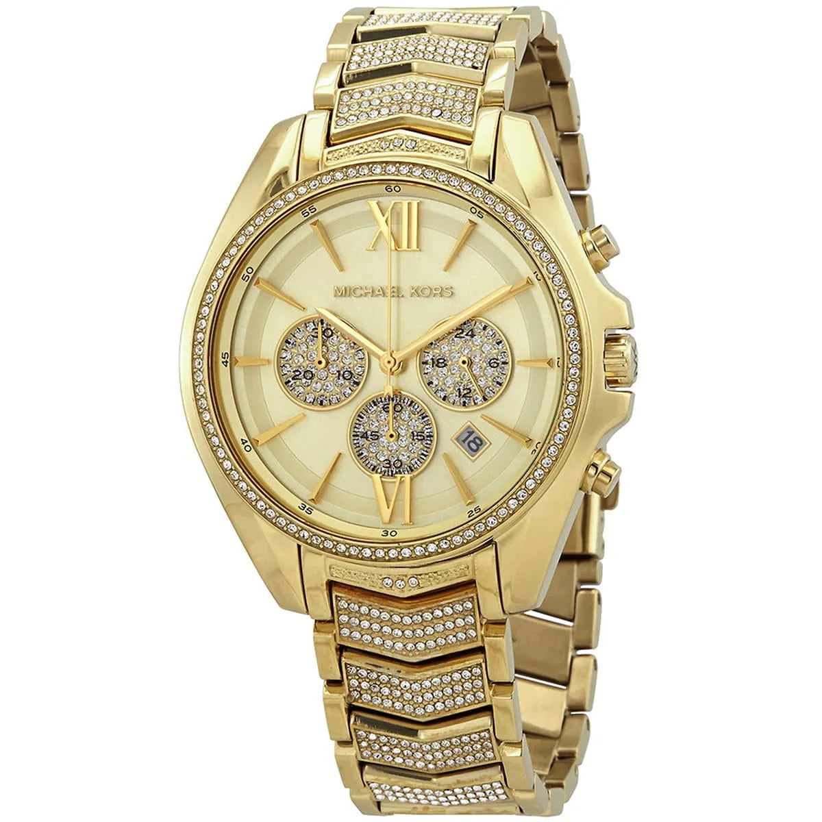 Close-up of Michael Kors MK6729 gold chronograph dial with gold stainless steel bracelet