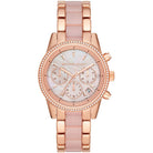 Michael Kors Ritz MK6769 women's rose gold chronograph dial pink and rose gold watch front view