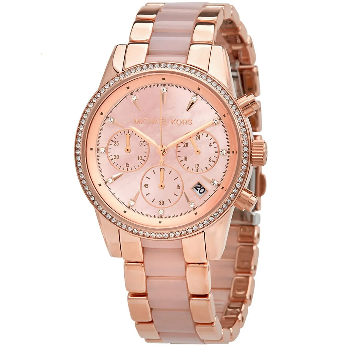 Close-up of Michael Kors MK6769 rose gold chronograph dial with pink and rose gold bracelet