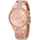 Close-up of Michael Kors MK6769 rose gold chronograph dial with pink and rose gold bracelet