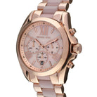 Close-up of Michael Kors MK6830 pink chronograph dial with pink and rose gold bracelet