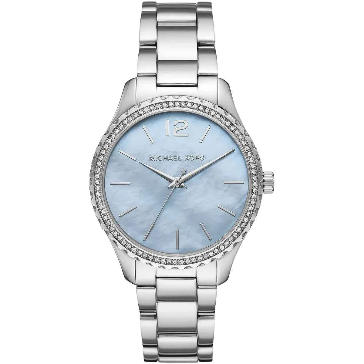 Michael Kors Layton MK6847 women's blue dial silver stainless steel watch front view