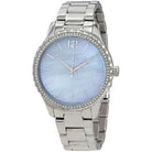Close-up of Michael Kors MK6847 blue analog dial with silver bracelet