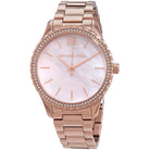 Close-up of Michael Kors MK6848 pink analog dial with rose gold bracelet