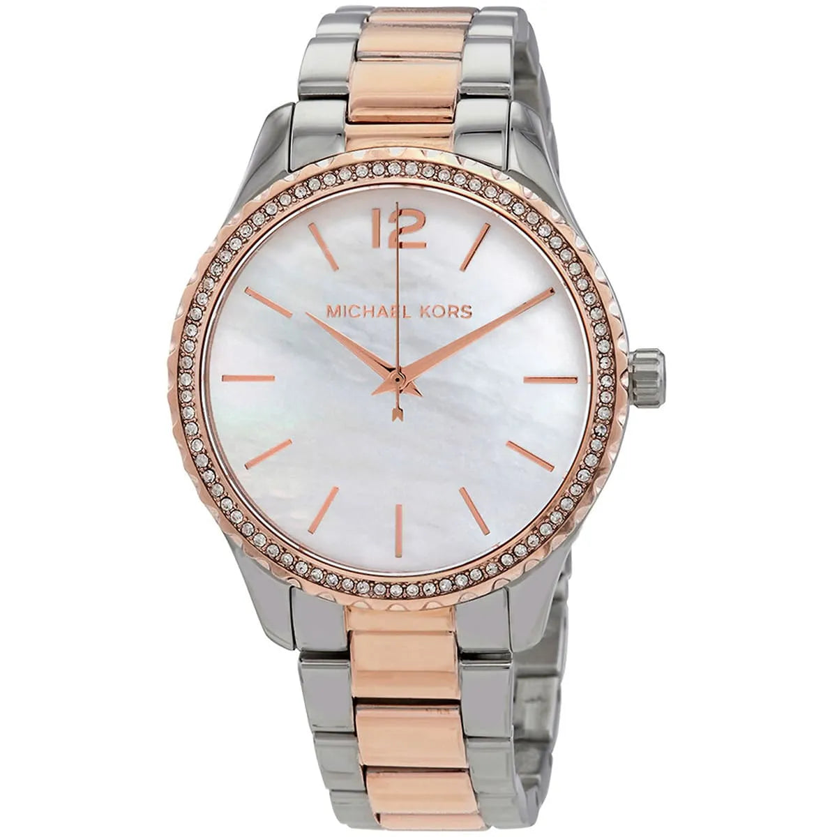 Close-up of Michael Kors MK6849 white analog dial with silver and rose gold bracelet