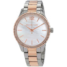 Close-up of Michael Kors MK6849 white analog dial with silver and rose gold bracelet