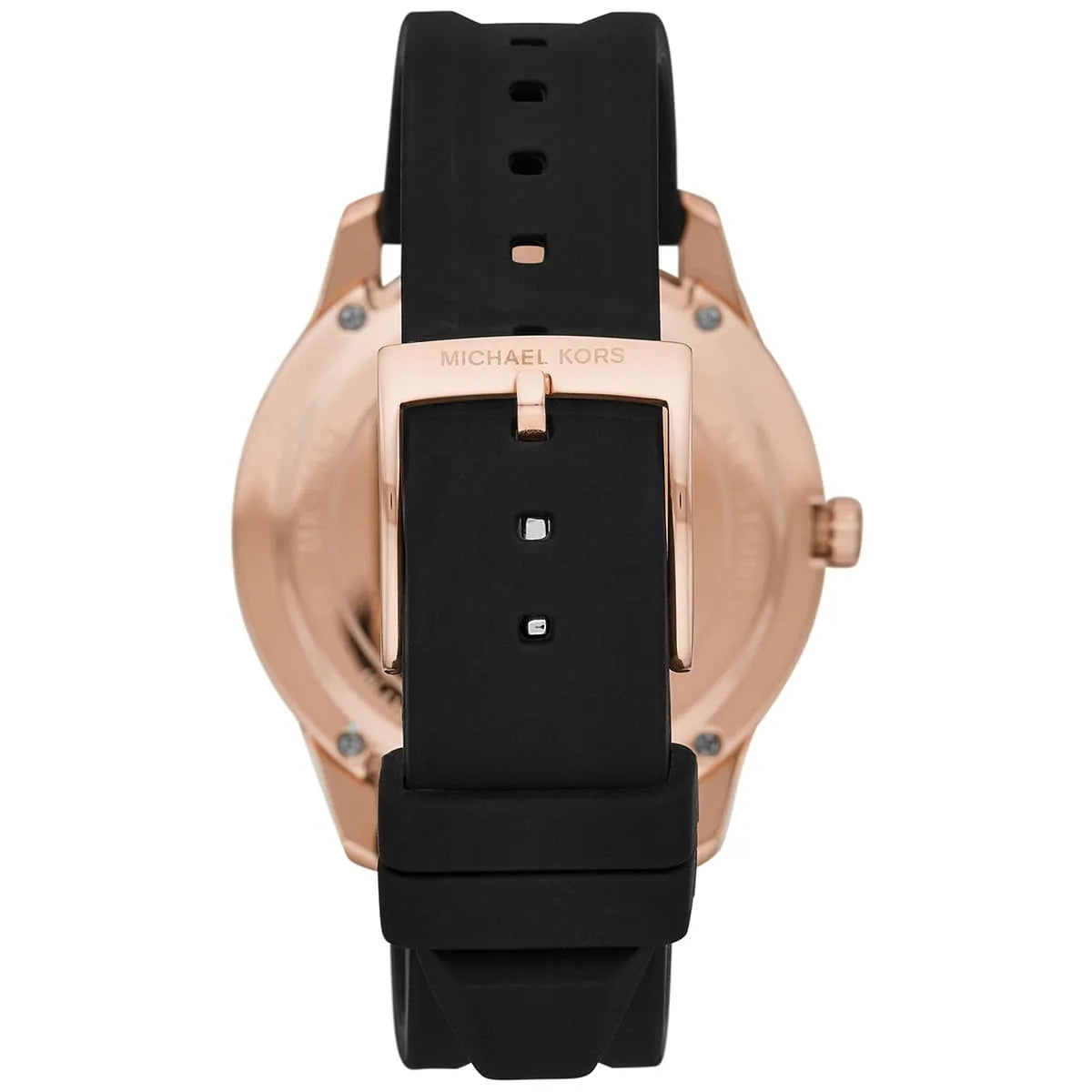 Side profile of Michael Kors Runway MK6852 black silicone strap watch