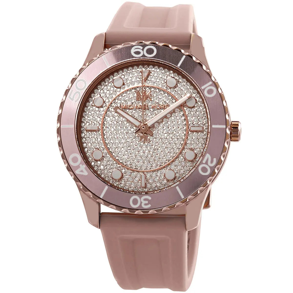 Close-up of Michael Kors MK6854 rose gold analog dial with pink silicone strap