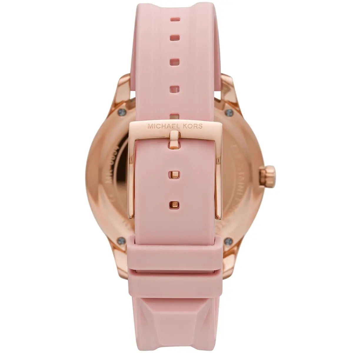 Side profile of Michael Kors Runway MK6854 pink rubber strap watch