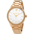 Close-up of Michael Kors MK6870 white analog dial with gold bracelet