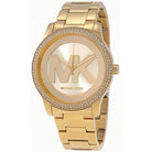 Close-up of Michael Kors MK6879 gold analog dial with gold bracelet