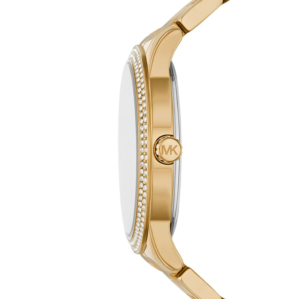 Side profile of Michael Kors Tibby MK6879 gold stainless steel watch
