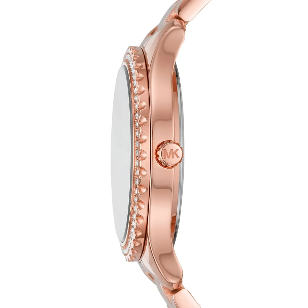 Side profile of Michael Kors Layton MK6893 rose gold stainless steel watch