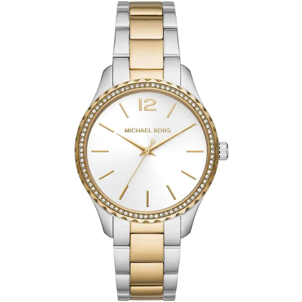 Michael Kors Layton MK6899 women's white dial silver and gold stainless steel watch front view