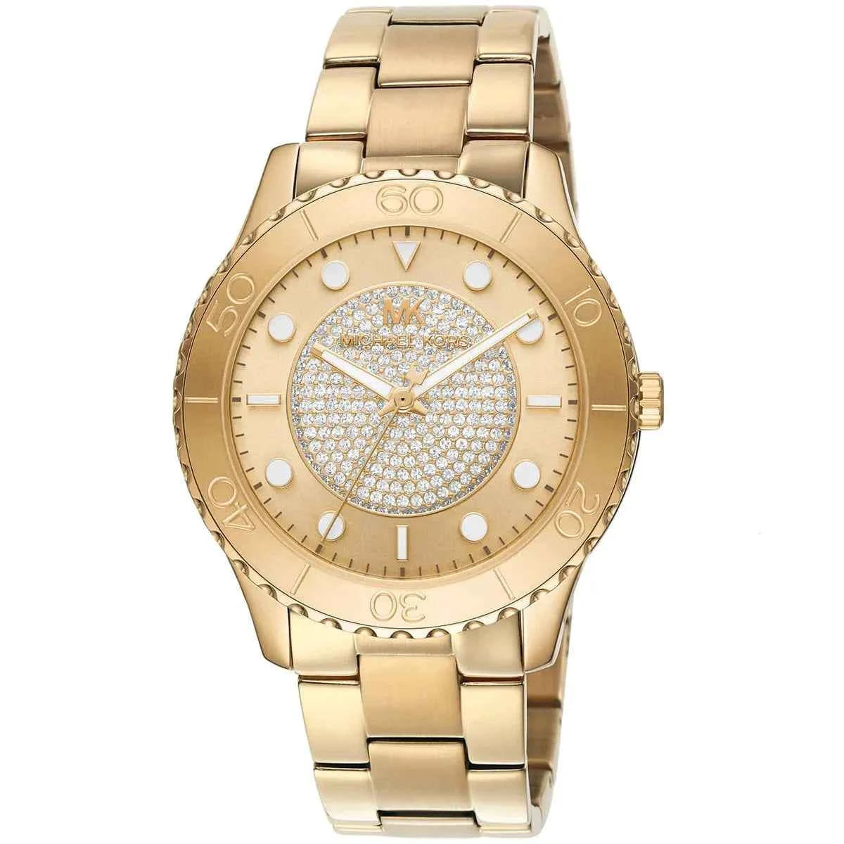 Close-up of Michael Kors MK6911 gold analog dial with gold bracelet