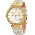 Close-up of Michael Kors MK6916 white chronograph dial with beige strap