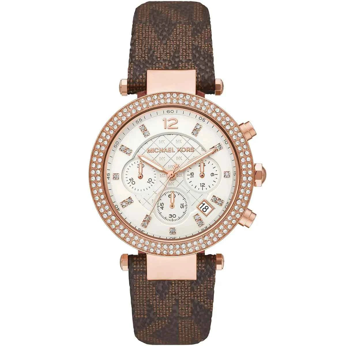 Michael Kors Parker MK6917 women's white dial brown polyurethane strap watch front view