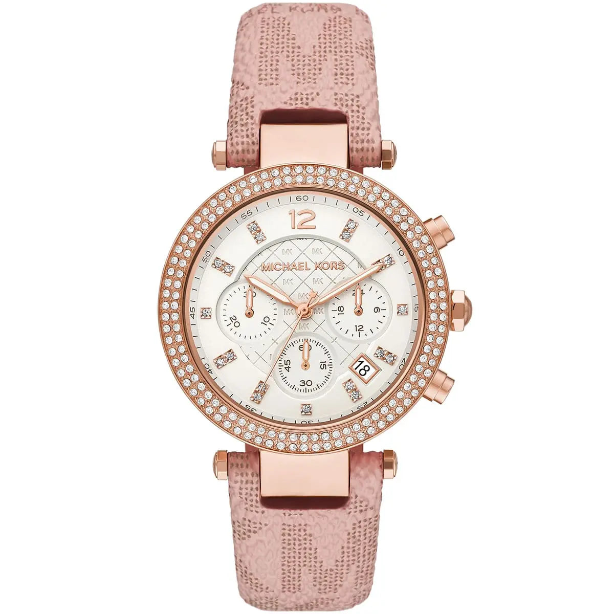 Michael Kors Parker MK6935 women's white dial pink polyurethane strap watch front view