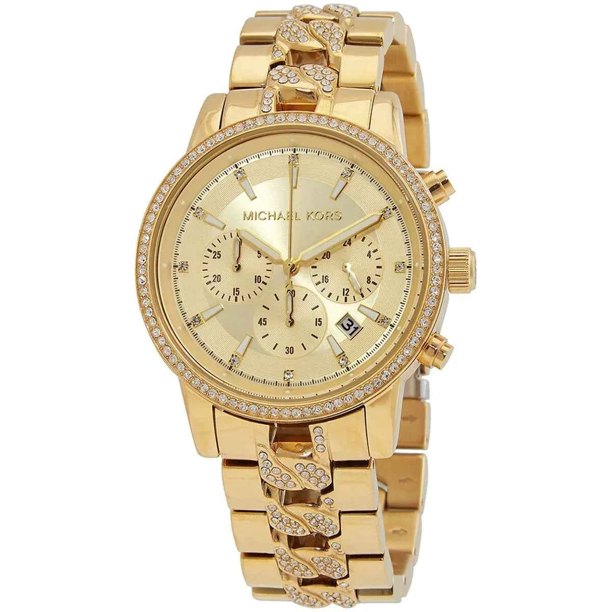 Close-up of Michael Kors MK6937 gold chronograph dial with gold bracelet